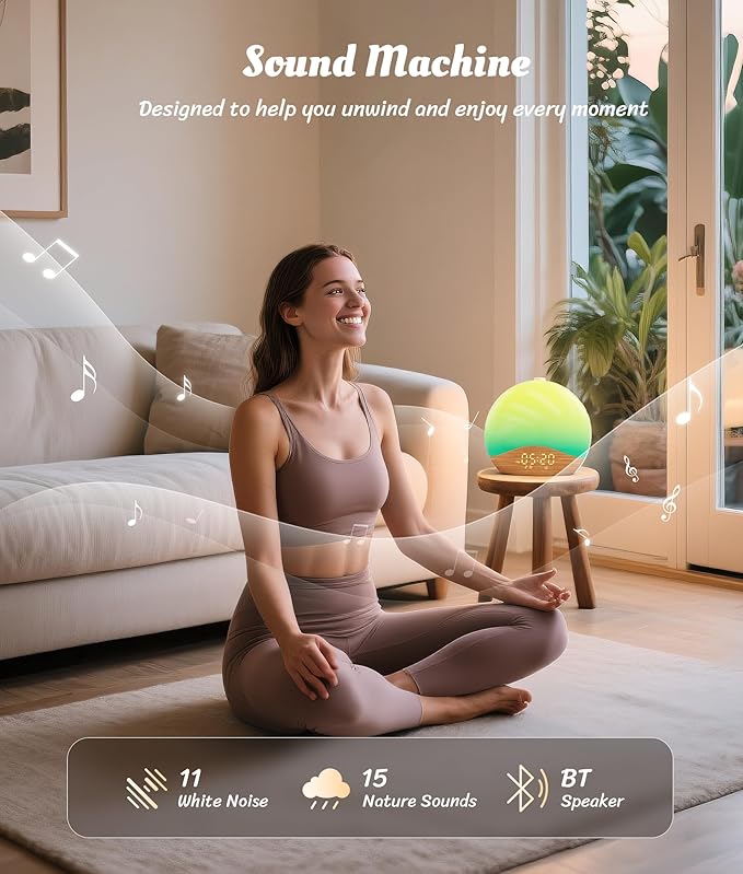 ecozy Wood Grain Sunrise Alarm Clock, White Noise Sound Machine, Music-Sync Lights, Upgraded Backlit Buttons for Bedrooms, 26 Soothing Sounds, 17 Night Lights, Wake Up Light for Heavy Sleepers