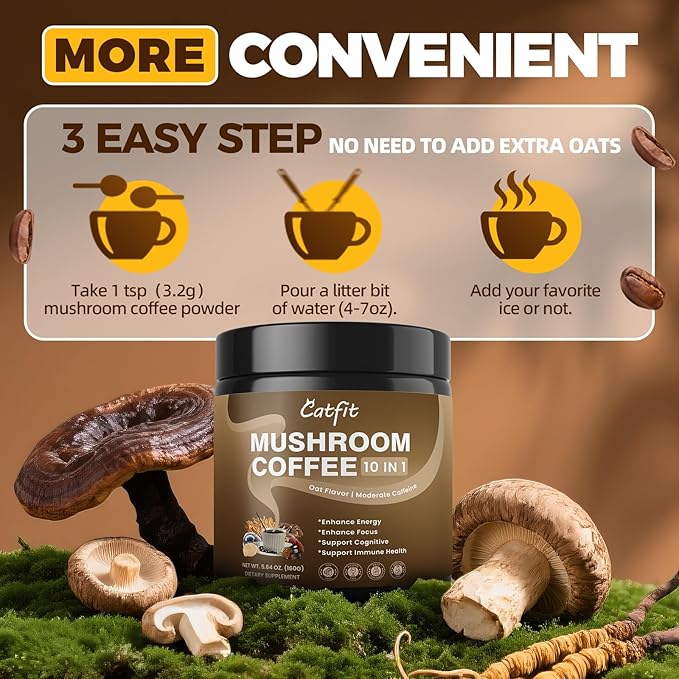 Mushroom Coffee,10 Adaptogenic Mushrooms With Oatmeal Powder MCT Oil, Hydrolyzed Collagen, Instant Coffee with Lion's Mane, Chaga, Cordyceps, L-Theanine for Energy, Focus, Digestion and Immunity, 160G