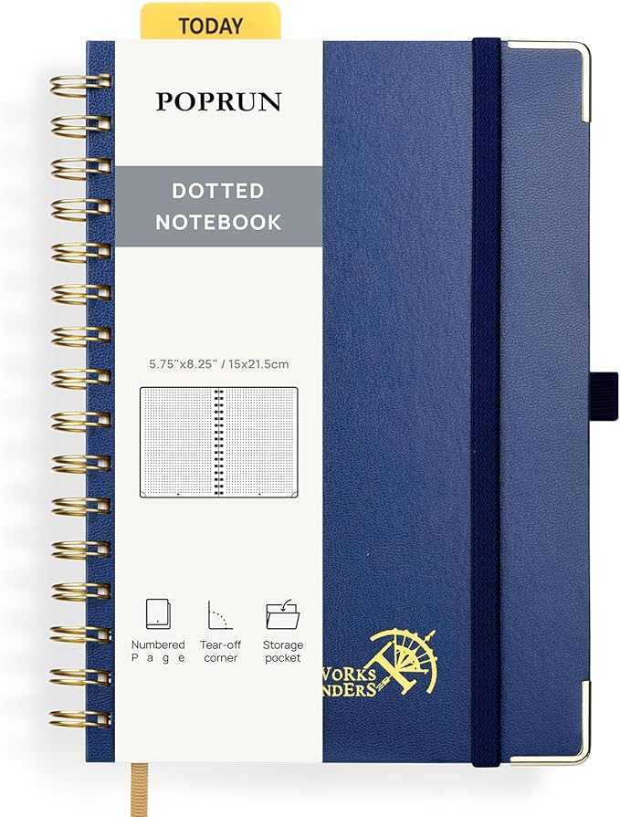 POPRUN Spiral Dotted Journal Notebook, [A5-5.75'' x 8.25''] - 120 GSM Thick Paper, 141 Numbered Pages, Hardcover for Men & Women with Pocket, Index Tabs, 8 Perforated Sheets, Navy Blue