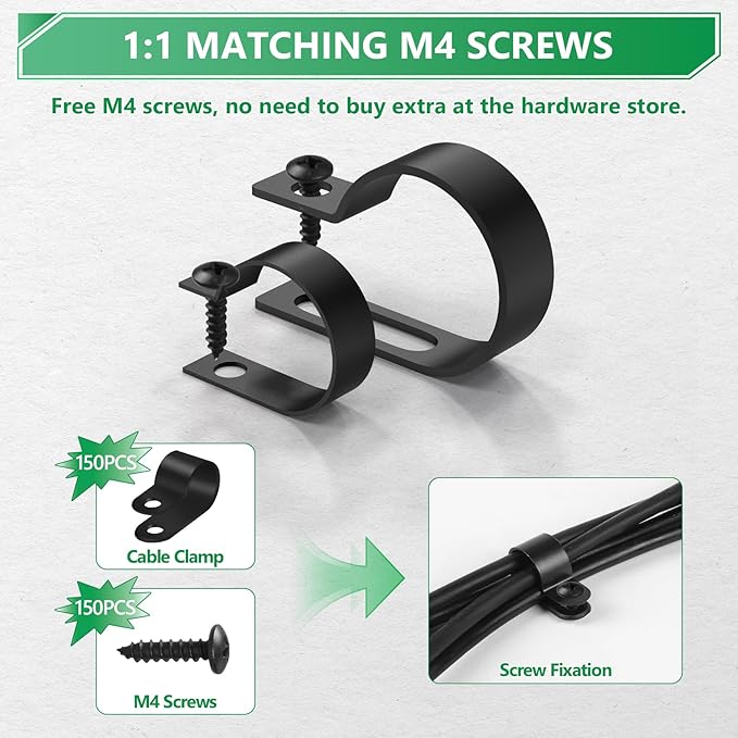 Cable Clips for Cable Management Cord Organizer, 6 Sizes 290 PCS Nylon R-Type, 3/16'' 1/4'' 3/8'' 1/2'' 3/4'' 1'' Black Plastic Screw Mounting Cord Fastener Clamp Assortment Kit with M4 Screws