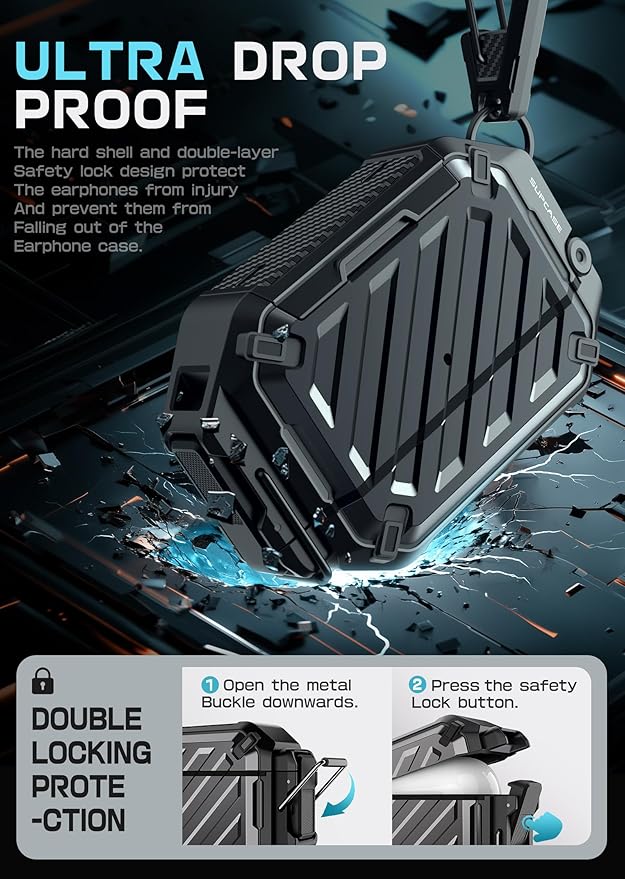 SUPCASE for AirPods Pro 2nd/1st Gen Case with Lock & Carabiner (Unicorn Beetle Pro), [IP68 Waterproof] [Military-Grade Protection] [Supports Wireless Charging] Anti-Scratch Hard Shell Cover, Black