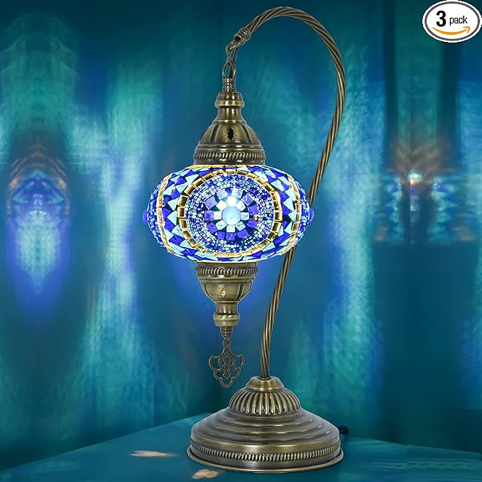 mozaist Turkish Mosaic Swan Neck Table Lamp, Moroccan Boho Style Sea Blue Gooseneck Rustic Home Décor, Tiffany Bohemian Bedside Farmhouse Desk Light with E12 Socket & US Plug (Evil Eye Blue)