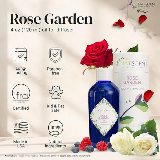 Rose Garden Essential Oils for Diffusers for Home, Nature-derived Rose Essential Oil, Long-Lasting & Family-Friendly Diffuser Oils Scents, IFRA Certified, Cold Air & Ultrasonic – 4oz
