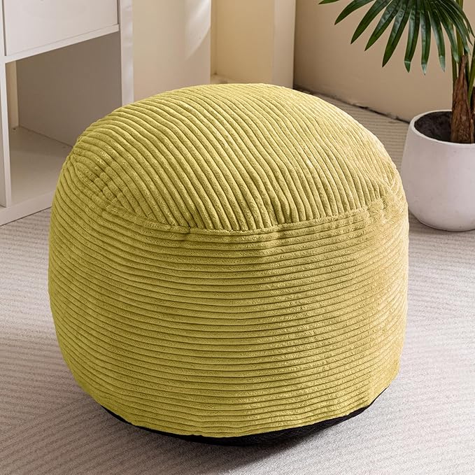 HIGOGOGO Round Stuffed Pouf Ottoman, Corduroy Poufs with Foam Chunk Filling, Furry and Fluffy Pouf Foot Stool Storage Ottoman, 26 X 18 Floor Poufs Foot Rest for Living Room, Green