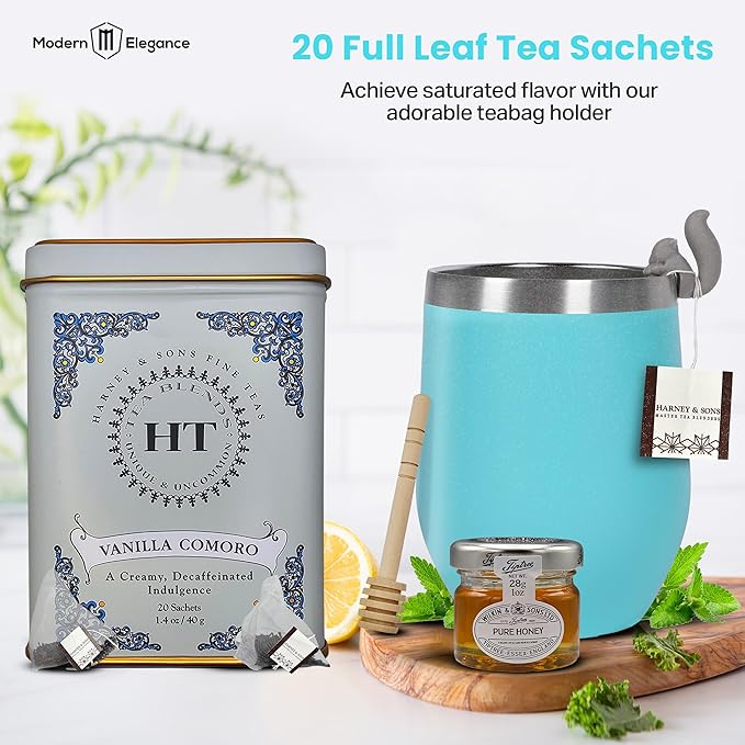 Tea Gift Set for Women – Thoughtful Get Well Gift Box with Cozy Socks, Stainless Tumbler, 20 Tea Sachets, Honey Jar & Sending Hugs Card (Vanilla Decaf - Cloud Socks)