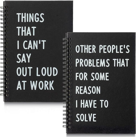 GioXtra Funny Office Notebook - 2Pcs SOLVE THINGS Humorous Work Quote A5 Spiral Notebook Black Hardcover Diary Notepad for Office Coworker White Elephant Gift College Student Gag Gift Birthday Favor