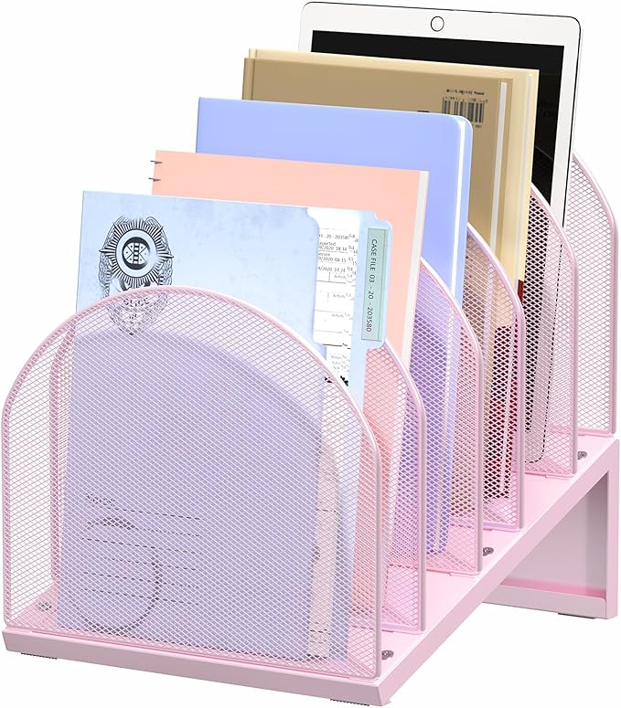 5-Section Desk File Organizer, Metal Mesh Folder Organizer for Documents, Mail & Office Papers (Pink)
