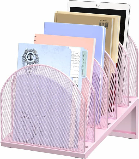5-Section Desk File Organizer, Metal Mesh Folder Organizer for Documents, Mail & Office Papers (Pink)