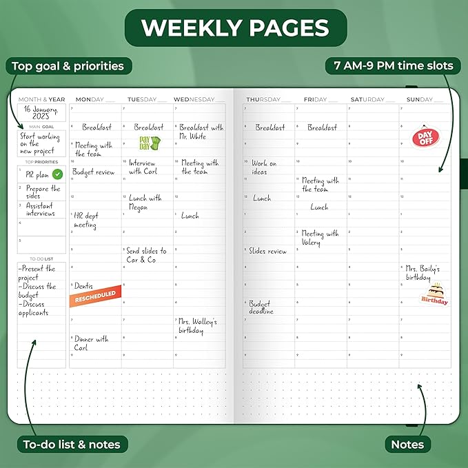 Clever Fox Appointment Book – Hourly Schedule Planner with Time Slots – Time Box Planner for Daily Work & To-Dos – Weekly & Monthly Spreads, Undated, Hardcover, A5 Size (Dark Green)