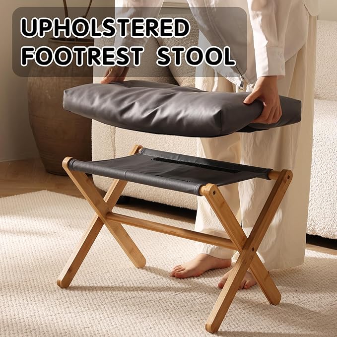 Folding Upholstered Footrest Stool, Small Accent Ottoman with Thick Cotton Cushion & Bamboo X Legs, Modern Padded Sofa Stool for Makeup Bedroom Living Room, Grey