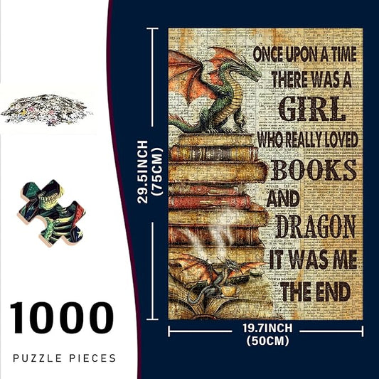 1000 Piece Wooden Jigsaw Puzzle Once Upon a Time There was a Girl Who Loved Books & Dragons Adults Dementia Therapy Tool Gentle Cognitive Exercise Stress Relief Memory Boosting 29.5x19.7 Inch