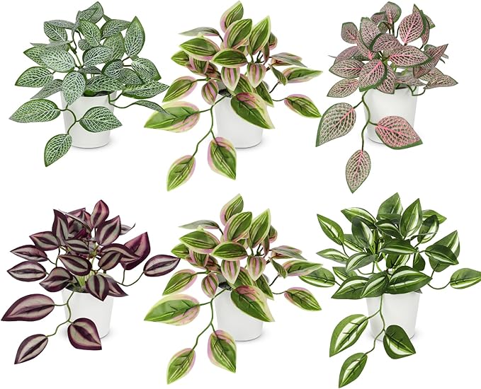 Hollyone Fake Plants 6 Pack Artificial Plants Indoor Faux Plant with White Plastic Pot Small Fake Potted Plant for Home Aesthetic Living Room Bathroom Desk Shelf Office Decor
