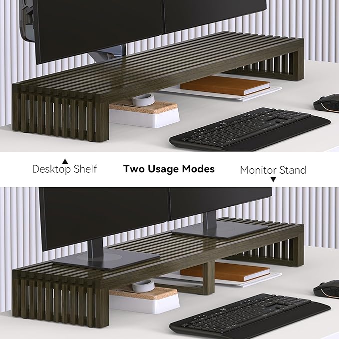 Dual Monitor Riser Stand with Airflow Vents for 2 Monitors, Double Computer Monitor Laptop Stand Grille Design, 3 Mins Assembly Farmhouse 39 inch Bamboo Desk Shelf Organizer (Wenge)