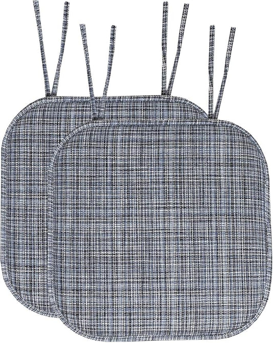 Sweet Home Collection Chair Cushion Memory Foam Pads with Ties Honeycomb Pattern Slip Non Skid Rubber Back Rounded Square 16" x 16" Seat Cover, 2 Pack, Aria Blue/Black 6 pack