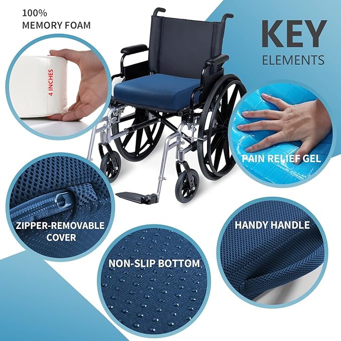 YOUFI Thick Memory Foam & Gel Seat Cushion, 18"X16"X4" Large Chair Cushion for Wheelchair Mobility Scooters, with Non-Slip Bottom and Carry Handle (Blue)