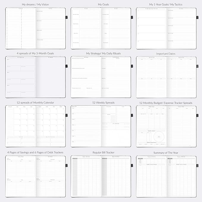 GoGirl Planner PRO - Undated Horizontal Layout Weekly Planner and Organizer + Budgeting and Expense Tracking Pages, Goals Journal & Agenda, 7" x 10" Hardcover, Lasts 1 Year - Black