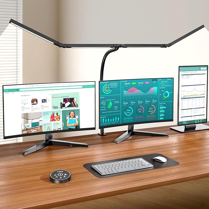 Led Desk Lamps for Home Office - Eye Caring Architect Lamp with Clamp, Double Head Computer Monitor Gooseneck Desk Light with Remote Control: 24W Flexible Dimmable Desktop Table Lamp