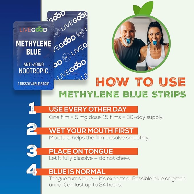 LIVEGOOD Methylene Blue – Methylene Blue for Humans, Brain Supplements for Memory and Focus, Clarity & Cognitive Energy, Nootropic Brain Support, Made in USA, 15 Oral Strips with 20mg Each