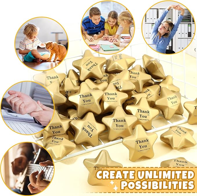 Deekin 36 Pieces Star Stress Balls Mini Foam Ball Stress Relief Toys for Teens and Adults Student Bag Fillers, Gold(Thank You,1.6 Inch)