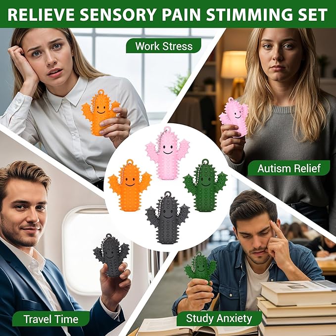 4 PCS Spiky Ouchies Fidget Toys for Adults Silicone Sensory Pain Stim Fidget Cactus for Anxiety Autism Work Stress Relief (Green&Pink&Gray&Orange, 4PCS)
