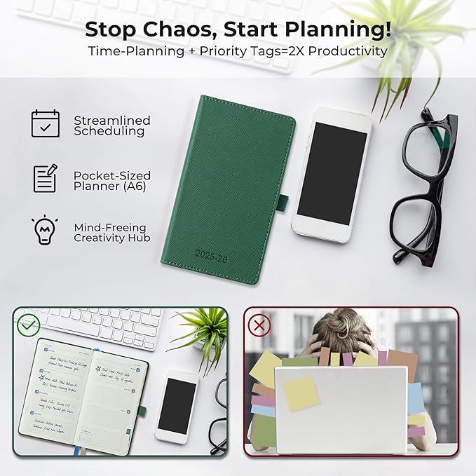 Weekly Monthly 2025-2026 Planner (July 25-Dec 26),6.5"x3.75",18 Months Agenda Plan with Month Tabs & Pocket,Expenses/Note Pages, Academic Calendar with Vegan Leather Cover,Green