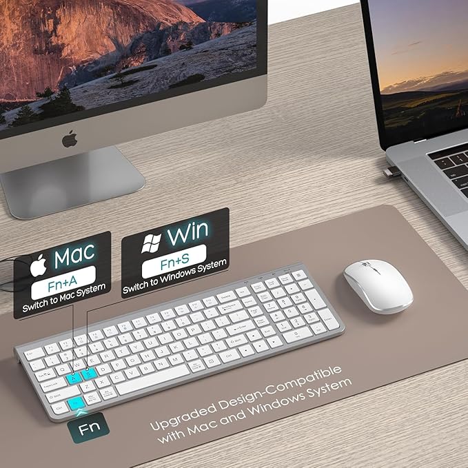 JOYACCESS Wireless Keyboard and Mouse, Ergonomic,Dustproof and Portable Wireless Keyboard with Number Keypad, Adjustable DPI Computer Mouse for Laptop,PC, Windows-Silver White