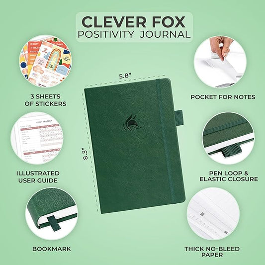 Clever Fox Positivity Journal – Daily Gratitude & Affirmation with Prompts – Motivational Mental Health Notebook with Habit Tracker (Forest Green)