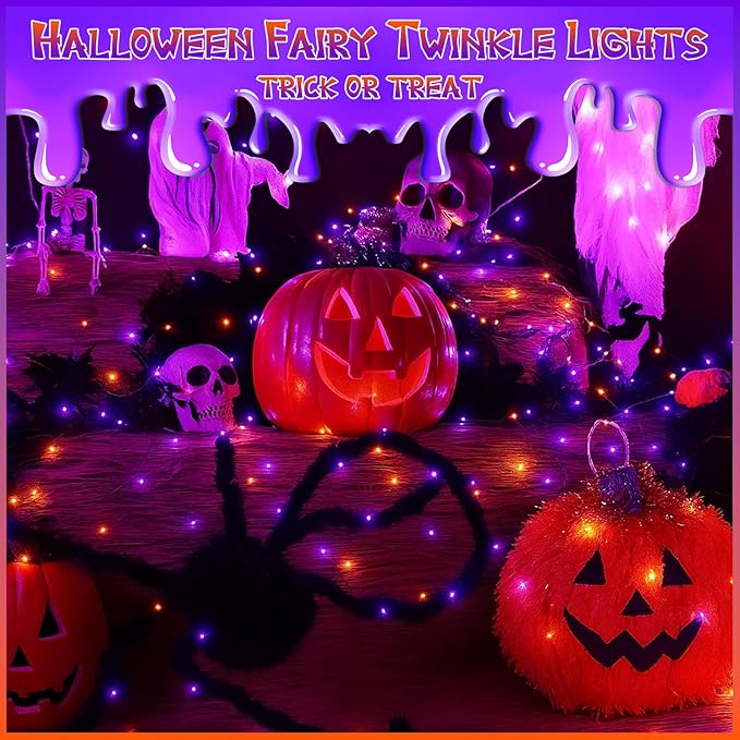 66Ft 200 LED Halloween Fairy Lights Plug in, 8 Modes String Lights with Timer for Outdoor & Indoor, Waterproof Twinkle Lights for Bedroom Garden Party Patio Halloween Decorations (Purple&Orange)