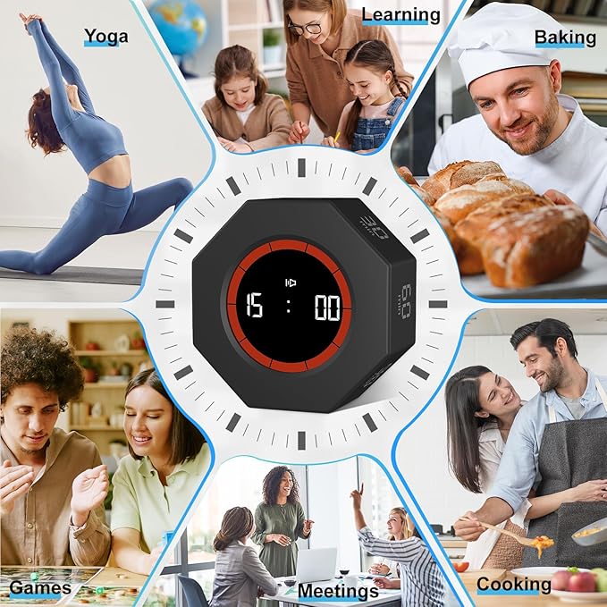 Octagon Digital Productivity Timer, Rotating Pomodoro Timer with Gravireceptor 1-3-5-15-30-60-90 Min Countdown, Mute&Adjustable Volume Countup/Down Timer for Study Office Kitchen Desk, Black