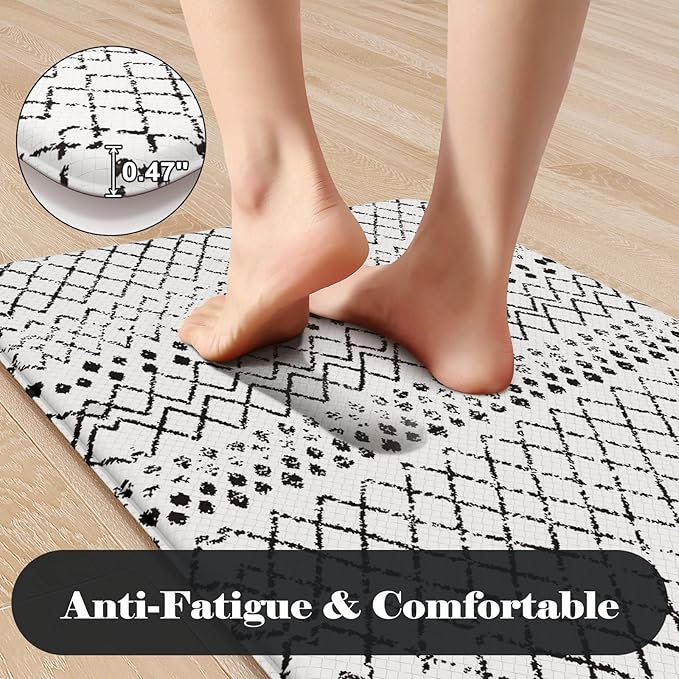 KIMODE Anti Fatigue Kitchen Mat, 20"x47"+20"x32" Kitchen Rugs Set of 2, Non-Slip Kitchen Floor Mats Cushioned, Comfort Mats for Kitchen Floor, Sink, Laundry, Office, Desk Black and White