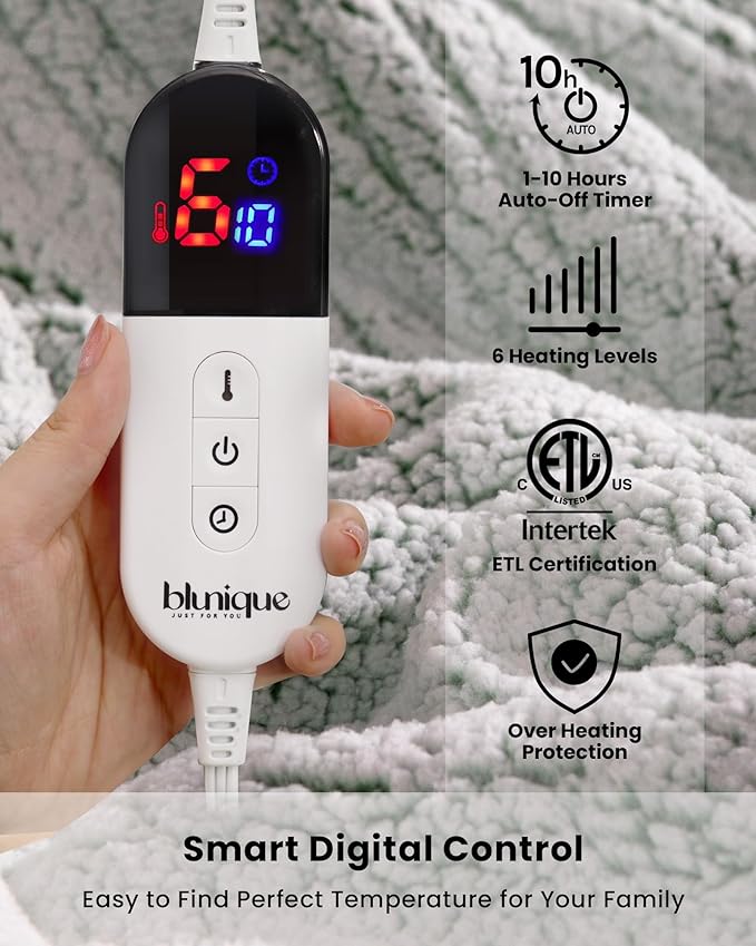 Electric Blanket Queen 84 x 90 Inches, Double-Sided Sherpa, Soft & Cozy Thick Heated Blanket with 6 Heat Settings, 1-10 Hour Auto Off, Machine Washable, Ideal for Couch, Sofa, Bed, Office, Light Sage