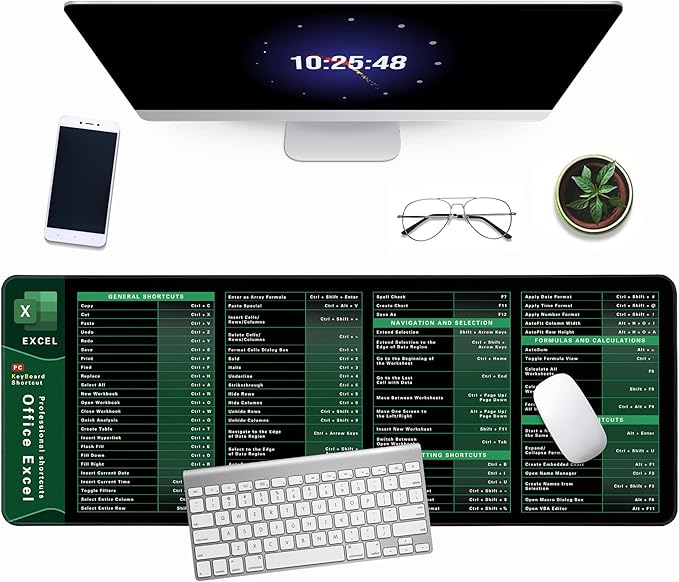 Excel Cheat Sheet Desk Pad, 31.5"x11.8", Waterproof Extra Large Excel Shortcut Mat with Stitched Edges, Anti-Slip Excel Mouse Pad for Office Desk, MS Excel/Word Shortcuts (Green Excel K)