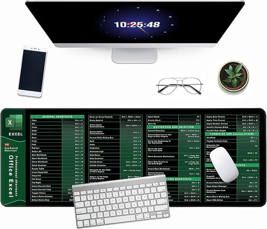 Excel Cheat Sheet Desk Pad, 31.5"x11.8", Waterproof Extra Large Excel Shortcut Mat with Stitched Edges, Anti-Slip Excel Mouse Pad for Office Desk, MS Excel/Word Shortcuts (Green Excel K)