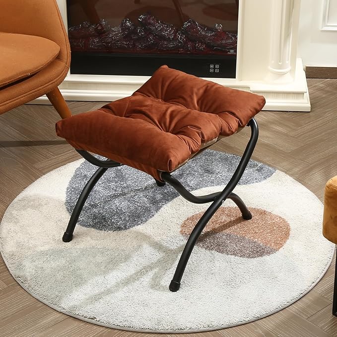 15" Foldable Foot Stool Ottoman with Metal Frame - Washable Brown Upholstered Indoor/Outdoor Footrest for Living Room, Bedroom, Patio - Space-Saving Compact Design