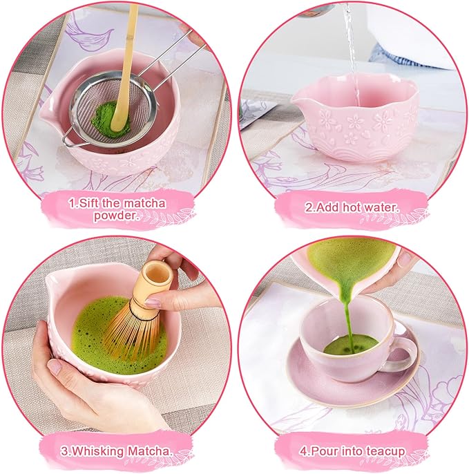 Matcha Whisk Set, Matcha Set 7 Pcs, Ceramic Matcha Bowl with Spout, Bamboo Chasen Whisk & Holder, Scoop, Sifter, Tea Towel, Ideal Gift Christmas, Birthday(Pink)