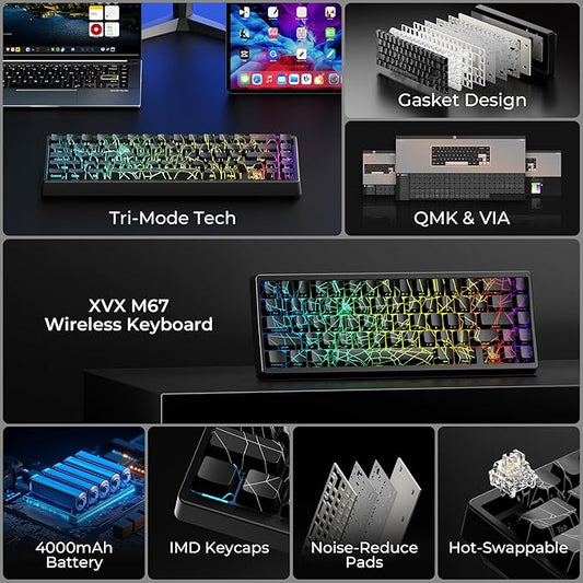 HITIME x XVX M67 60% Percent Keyboard Wireless, QMK/VIA Black Spider Web Gaming Keyboard, Tri-Mode Thocky Creamy Mechanical Key Board, Hot Swappable Gasket Mount RGB IMD Tech for Win/Mac