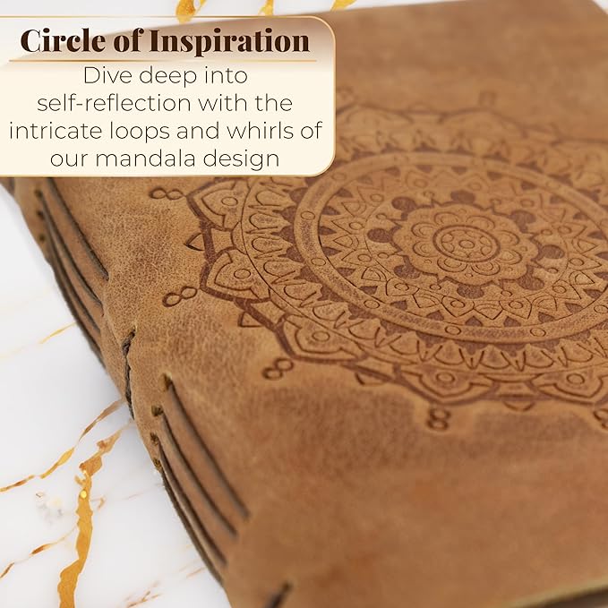 Mandala Leather Notebook Journal for Writing - 5x7in Daily Planner Notebook - Writing Journal for Women & Men - Full-grain Vintage Leather - 5x7 inch Lined Paper