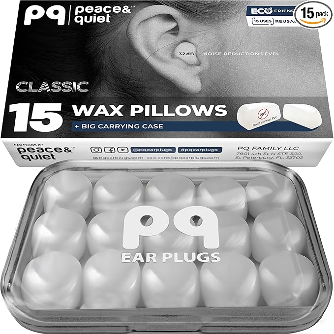 Peace&Quiet PQ Wax Ear Plugs for Sleeping, Swimming - 15 Soft Noise Cancelling Silicone Gel Wax Earplugs for Sleep and Swimmers, Ear Protection with Sound Blocking Level of 32 Db, (15-Pillows)