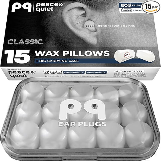 Peace&Quiet PQ Wax Ear Plugs for Sleeping, Swimming - 15 Soft Noise Cancelling Silicone Gel Wax Earplugs for Sleep and Swimmers, Ear Protection with Sound Blocking Level of 32 Db, (15-Pillows)