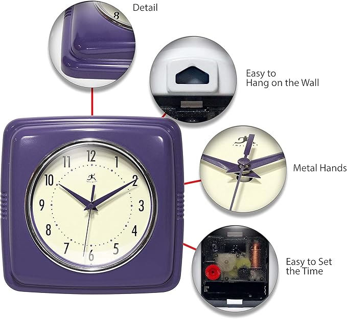 Infinity Instruments Retro Wall Clock - 9 Inch Square Clock - Silent Non-Ticking Mid Century Modern - Kitchen Clock Office Clock Diner Wall Clock - Vintage Wall Clock Decorative - Purple