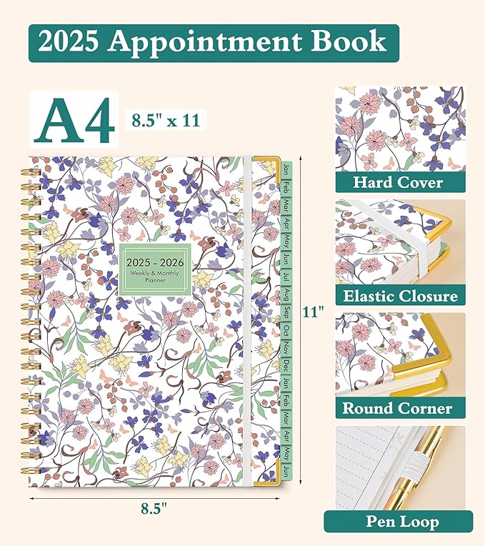 2025-2026 Appointment Book, Academic Planner 18 Months Weekly and Monthly (July 2025 - December 2026), 8.5"x11" Daily Hourly Planner 60-Minute time Slots, Spiral Calendar Schedule Book for Work School Teacher Student, Purple Floral