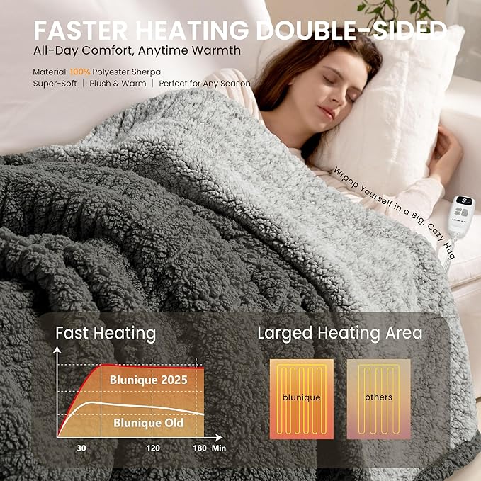 Electric Heated Blanket King 90x100 inches, Fast Heating w/ 10 Heat Settings & 2/4/8/10H Auto Timer, Double-Sided Sherpa, Ultra Soft & Cozy for Couch, Bed, Office, Machine Washable