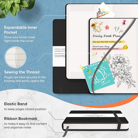 Huhuhero Notebooks Journal, Ruled Notebook, Premium Thick Paper Lined Journal, Black Hardcover Notebook for Office Home School Business Writing Note Taking Journaling, 5"×8.25" (12, Black)