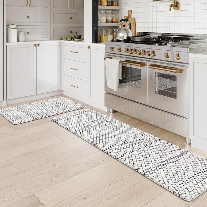 KIMODE Anti Fatigue Kitchen Mat for Floor, 20"x59"+20"x32" Kitchen Rugs Set of 2, Non Slip Kitchen Floor Mats Cushioned, Comfort Mats for Kitchen Floor Sink Laundry Office Desk Black and White