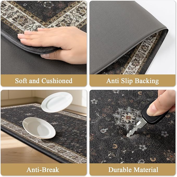 Pauwer Anti Fatigue Kitchen Mat Set of 3 Non Slip Kitchen Mats for Floor Cushioned Kitchen Rugs Comfort Standing Mat Farmhouse Waterproof PVC Foam Kitchen Floor Mat Runner, Black