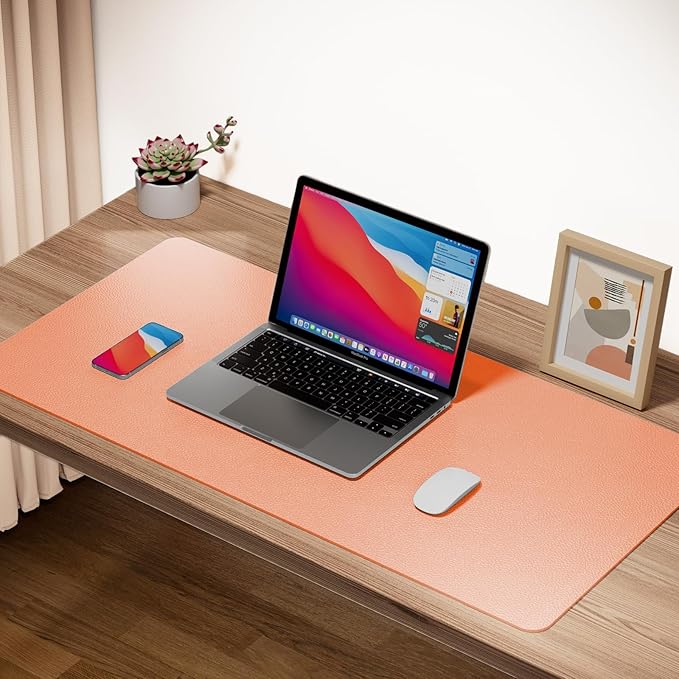 Boutilon Leather Desk Pad Protector,Non-Slip Mouse Pad,Laptop Desk Pad,Office Mouse Mat,Waterproof Leather Desk Blotter,Desk Writing Pad for Office and Home (S-Orange Pink,24"x 14")