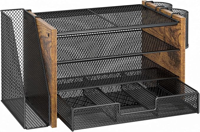 Wooden Desk Organizers and Accessories with File Holder, 4-Tier Paper File Organizer with Drawer & 2 Pen Holders, Office Desk Accessories, Desktop Organizer and Storage for Home Office