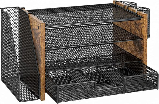 Wooden Desk Organizers and Accessories with File Holder, 4-Tier Paper File Organizer with Drawer & 2 Pen Holders, Office Desk Accessories, Desktop Organizer and Storage for Home Office
