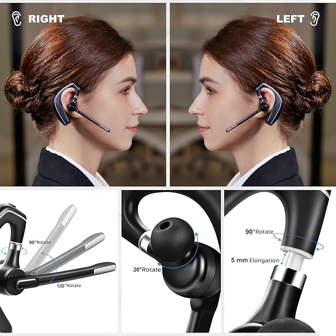 Bluetooth Headset V5.1, Wireless Headset with 500mAh Charging Case, Noise Canceling Mic for Driving and Office. (USB-A Adapter Included)