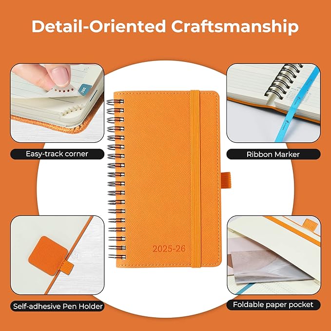 Planner 2025-2026 Daily Weekly and Monthly,6.5"x3.75",18 Months Spiral Bound Calendar Agenda with Self-adhesive Pen Holder,2026 Academic Plan with Vegan Leather Soft Cover,Orange